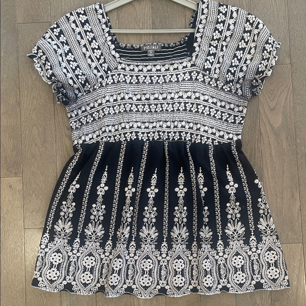 Floral Smocked Embroidered Blouse - Black & White Chic Top